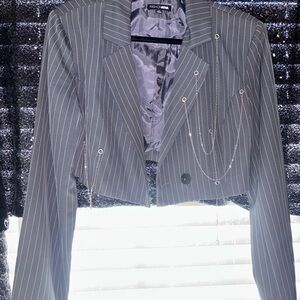 Fashion Nova Gray Pinstripe Cropped Blazer with Chain Accents